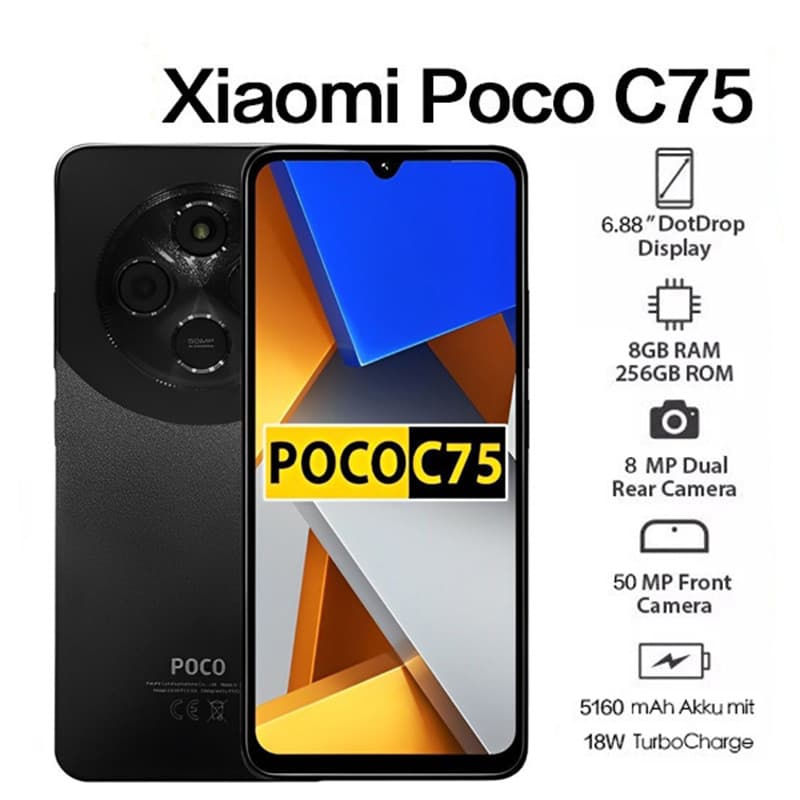 Celular (Novo) Xiaomi Poco C75 Incluir NFC Preto Dourado 8GB+256GB RAM,6GB+128GB RAM