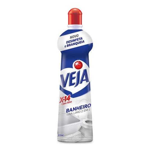 Veja X-14 Limpeza Cloro Ativo Banheiro 500ml, frasco com tampa vermelha, design azul e branco, fundo branco.