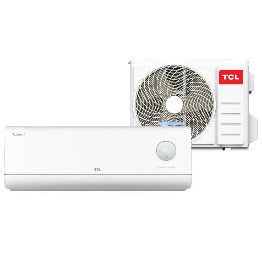 Ar Condicionado TCL Split Inverter 18000 BTUs Frio Hi Wall com aparelho interno e externo em branco