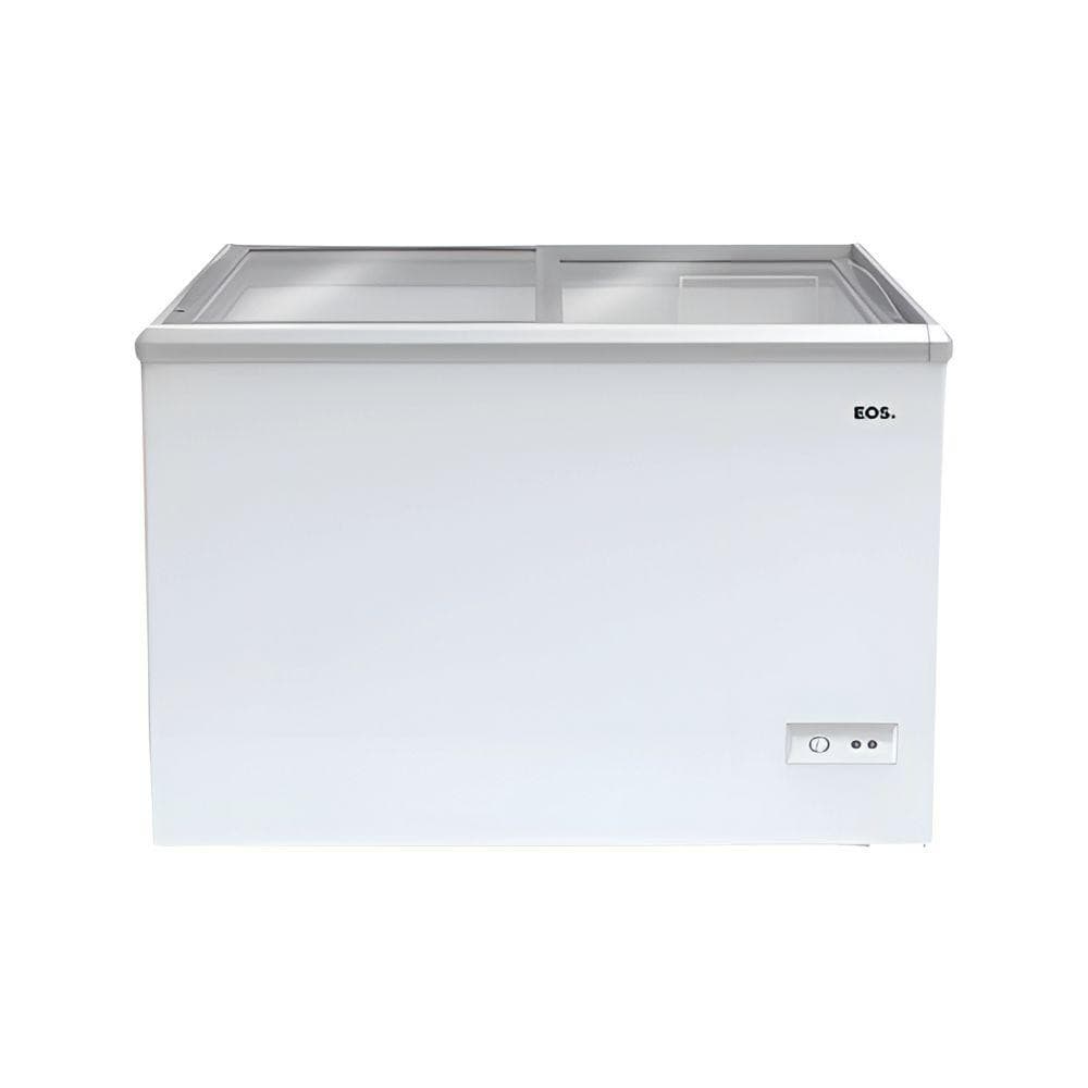 Freezer expositor horizontal EOS 120 litros com tampa de vidro, branco, controles de temperatura visíveis