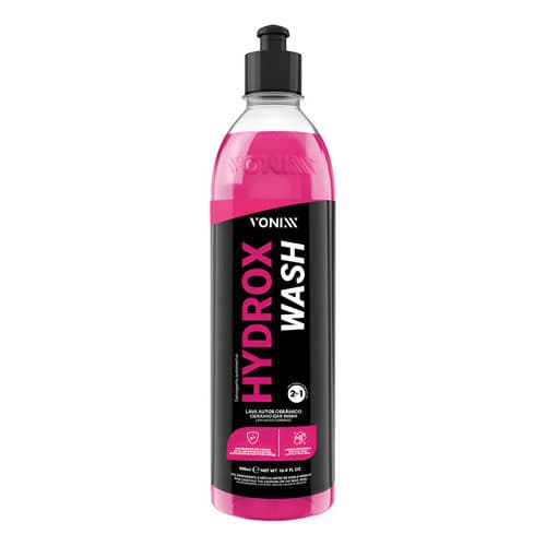 Shampoo automotivo Hydrox Wash 500ml, frasco rosa e preto, rótulos brancos, fundo branco.