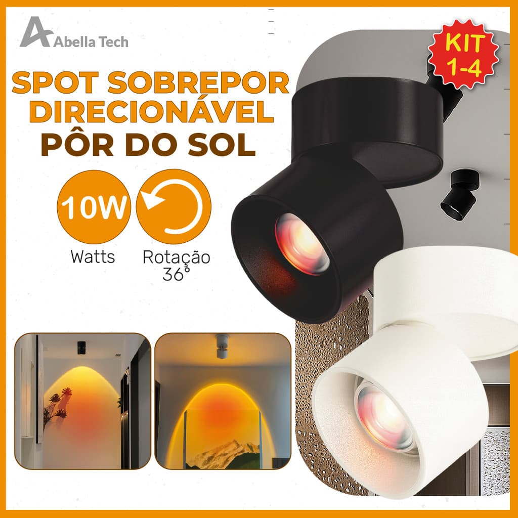 Spot Sobrepor Spot Preto ou Branco Pôr do Sol 10W Luminária de Teto Dobrável Ajustável Bivolt