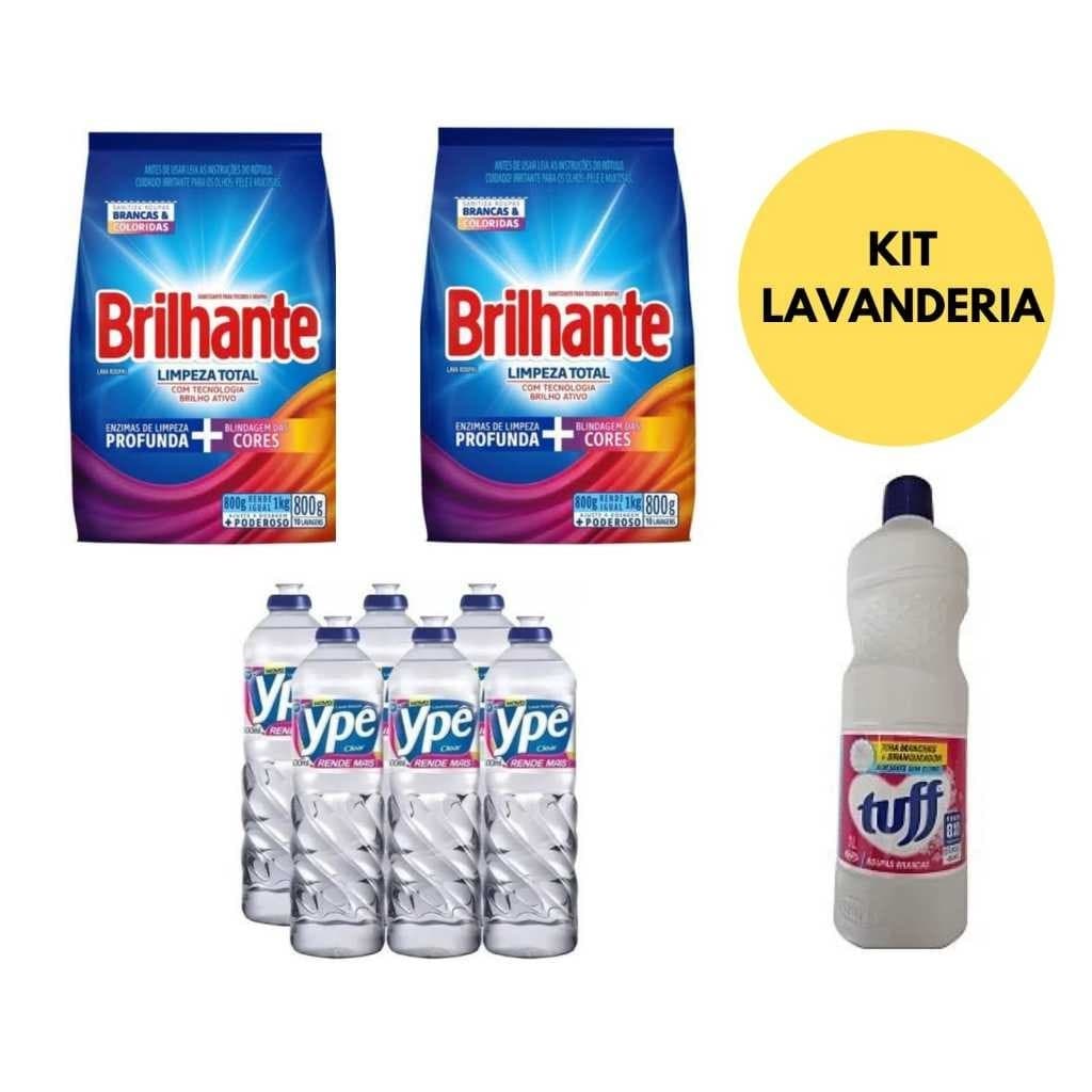 Kit Higiene e Limpeza com 2 sacos de sabão Brilhante, 6 garrafas de detergente Ype e 1,5L de alvejante Tuff