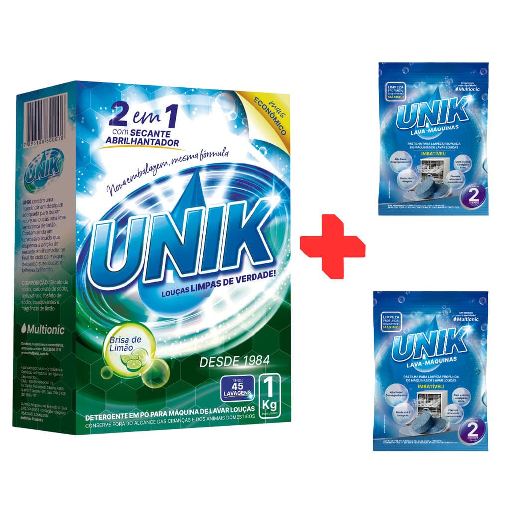 Detergente para Maquina de Lavar Louça Unik Limão 1kg + 2 Pastilhas Lava Máquinas Unik c/2