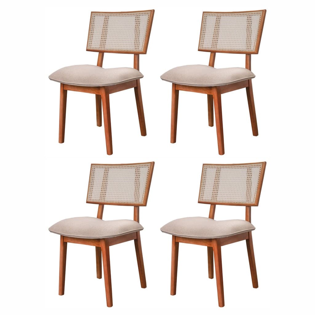 Kit 4 cadeiras Madeira Maciça, Rattan de Fibra 100% Natural e Estofada Lívia Espresso Móveis  Champagne