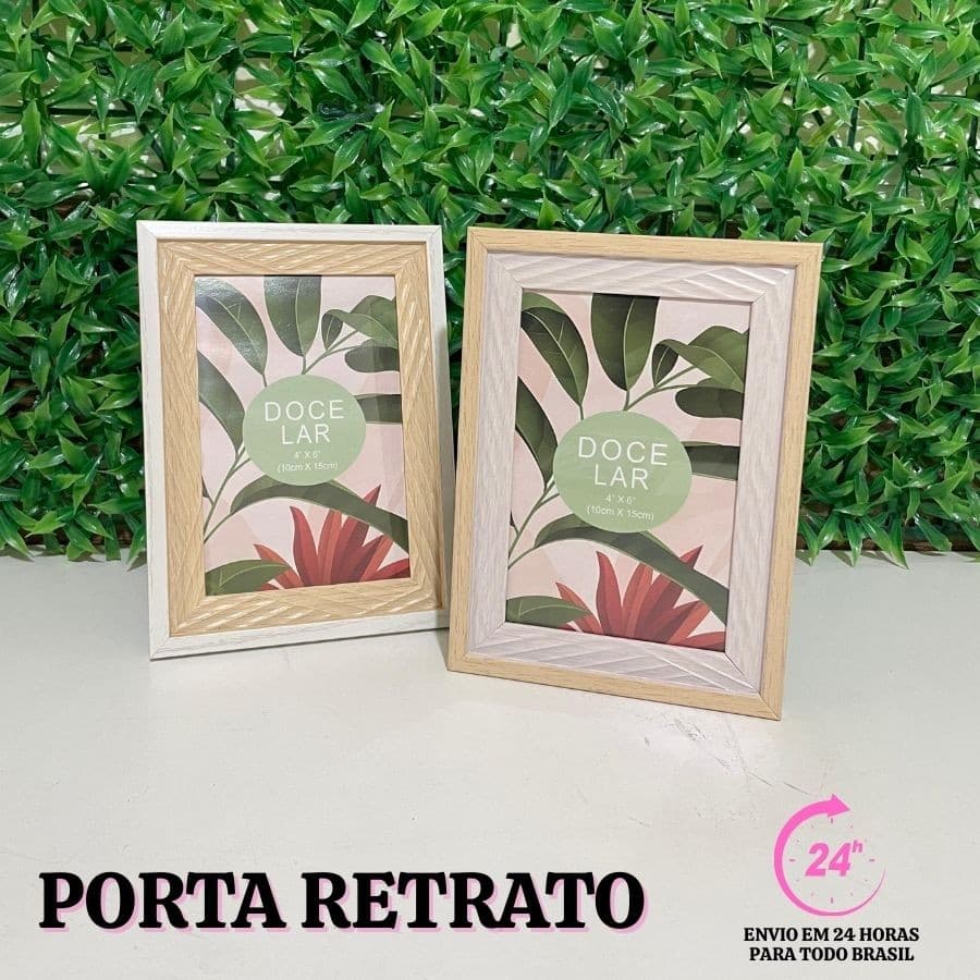 Porta-retrato de MDF Doce Lar com folhagem vermelha e verde, moldura articulada.