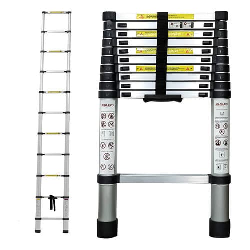 Escada telescópica inox 11 degraus multifuncional 3,2mts, estrutura em aço inoxidável com acabamento prateado e preto, etiquetas de informações visíveis.
