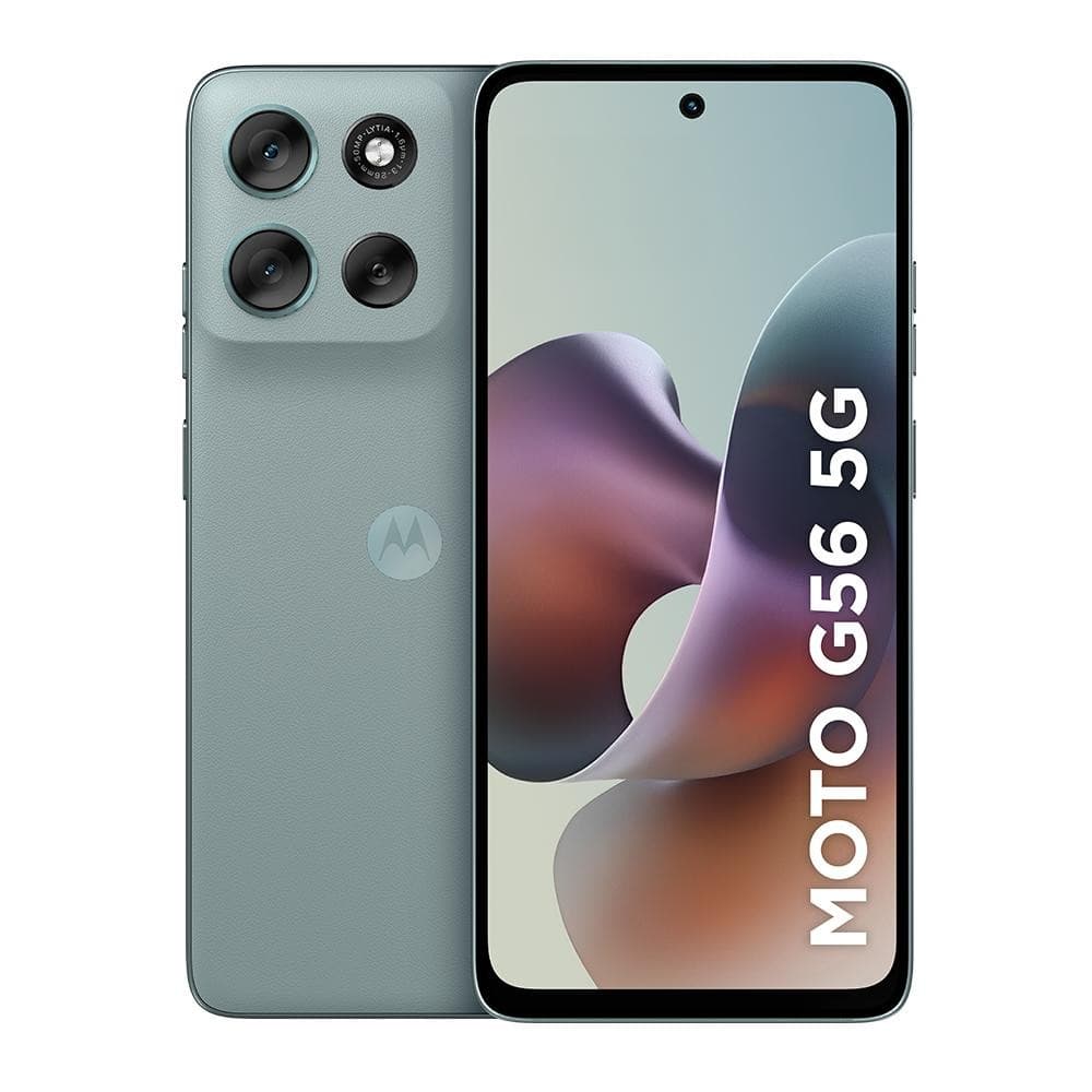 Smartphone Motorola Moto G56 5G cinza com câmera traseira e texto na tela