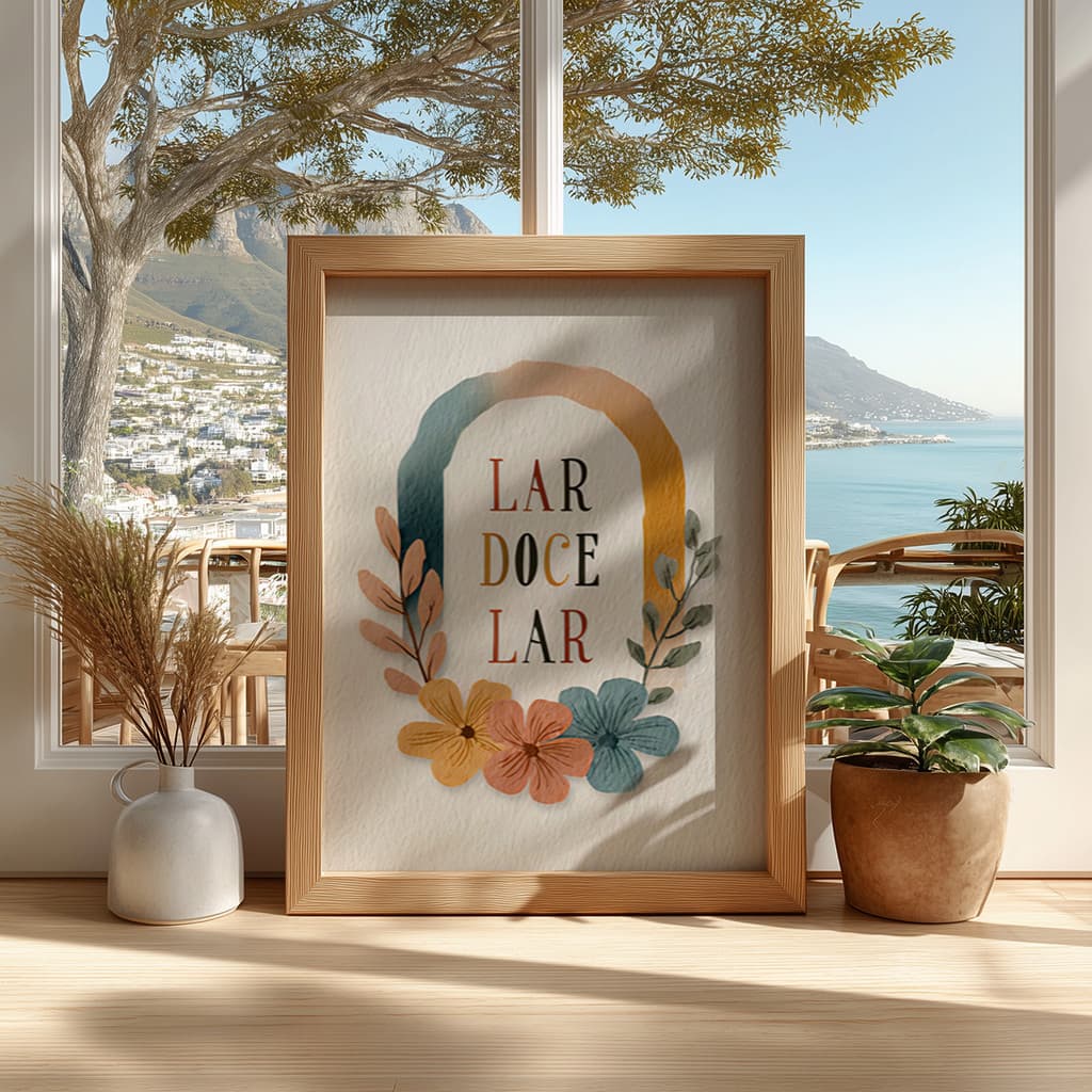 Quadro Lar Doce Lar Frase Motivacional Minimalista Tipografia Floral Arte Moderna