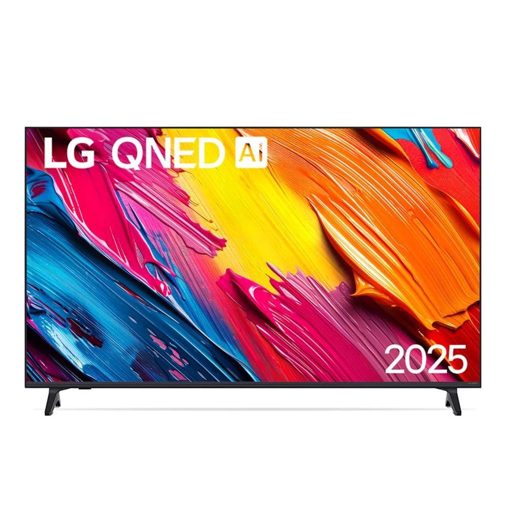 Smart TV 4K LG QNED 55 polegadas, tela multicolorida, fundo branco, design moderno
