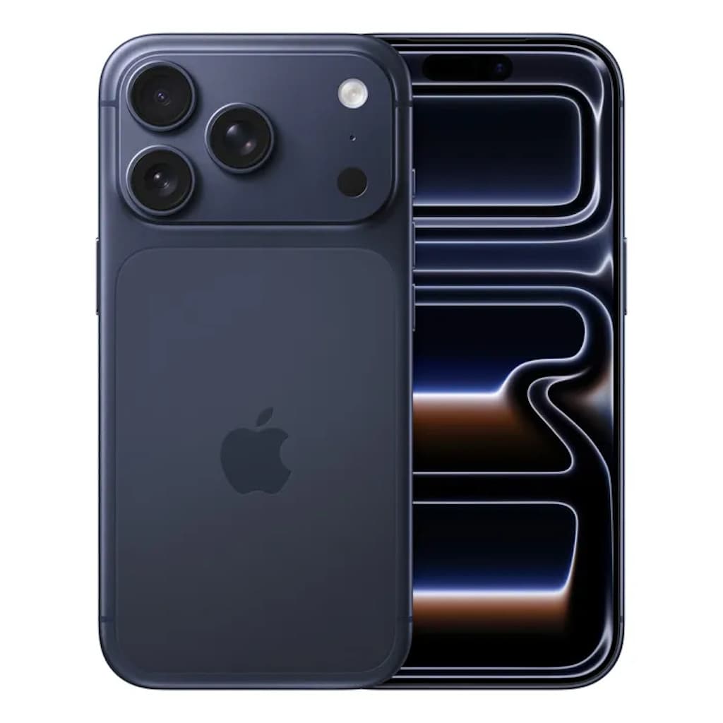 iPhone 17 Pro Max ou 17 Pro, visão traseira, cor azul escura, câmera traseira tripla, logotipo da Apple