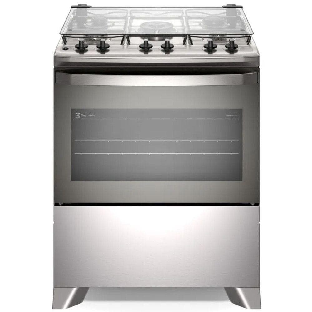 Fogão a Gás Electrolux Efficient 5 Bocas Mesa de Inox Bivolt, aço inoxidável, 5 bocas, visor de vidro, grelhas de vidro, fundo branco