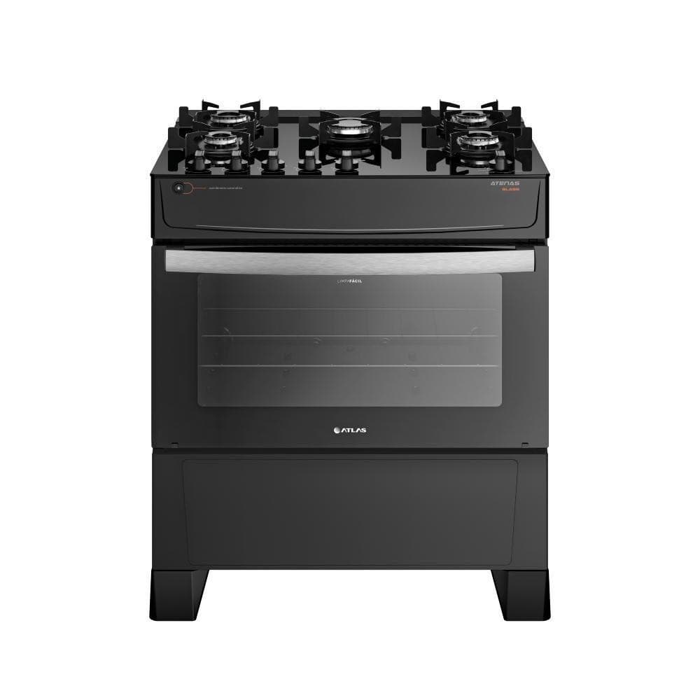 Fogão Atlas Atenas Glass com mesa de vidro, 5 bocas, preto, bivolt.