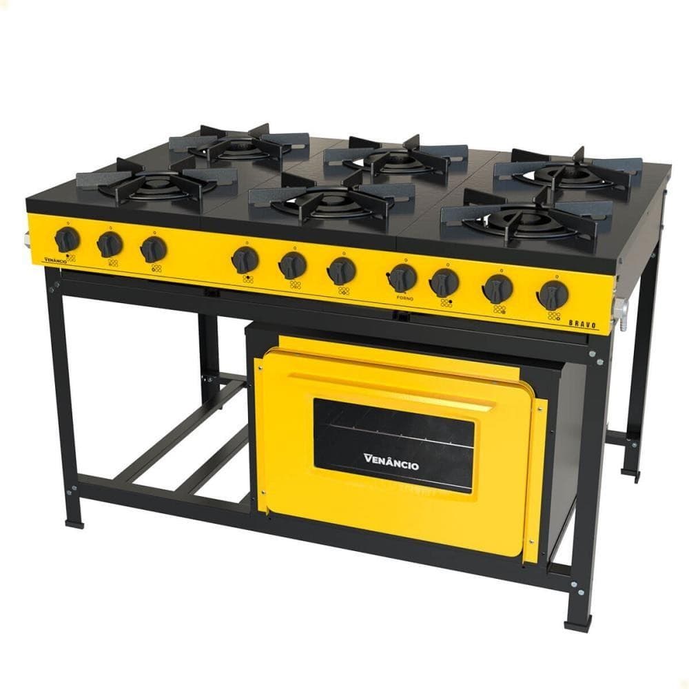 Fogão Industrial Venâncio a Gás Bravo 6 Bocas com Forno Amarelo BR6BFAM