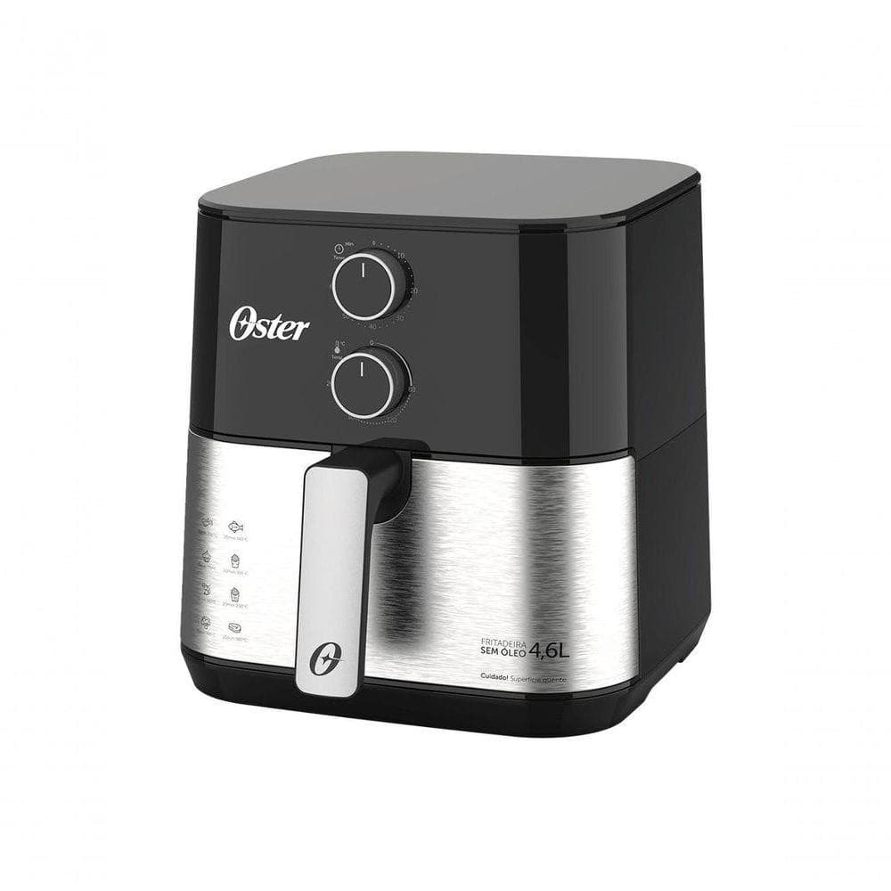 Fritadeira Air Fryer Oster 4,6L 110V, design preto e prata, controle com dois botões, capacidade 4,6L, marca Oster