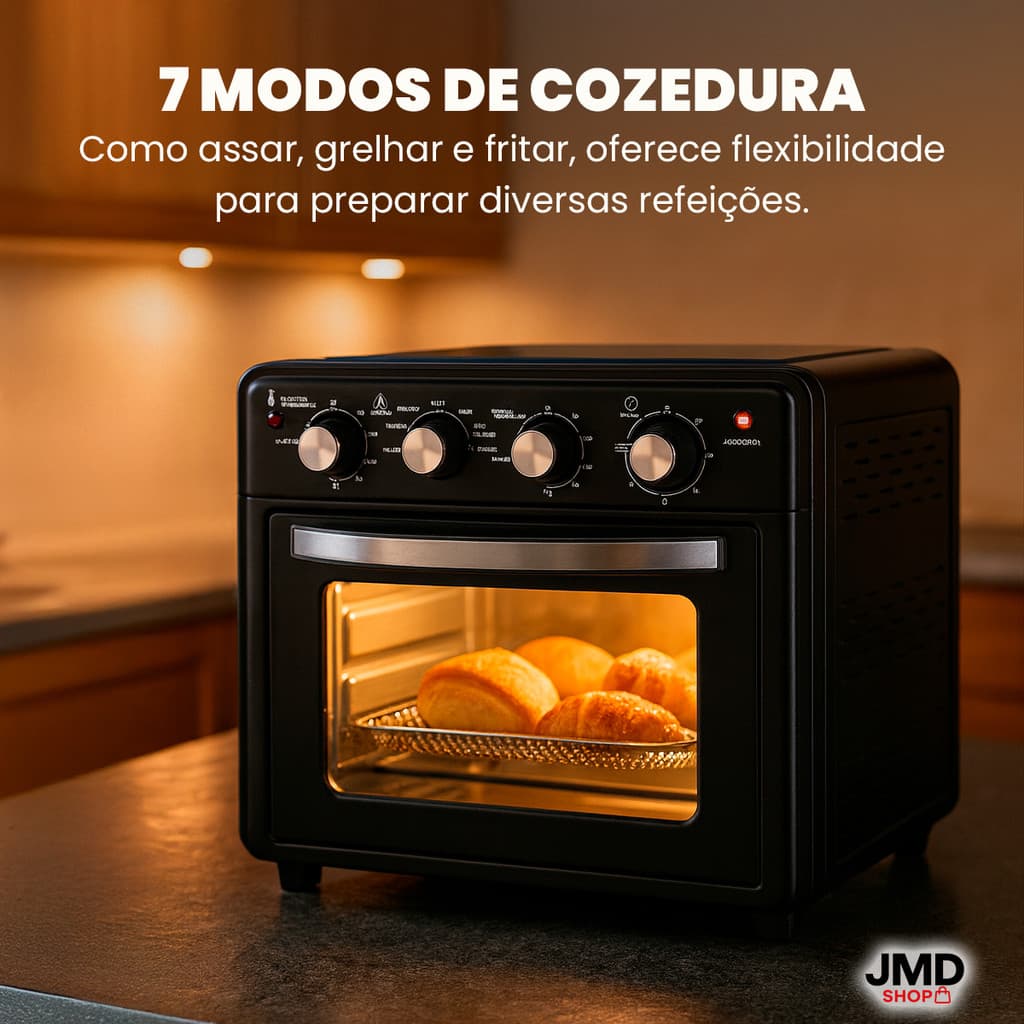 Forno elétrico e air fryer preto 30L com 7 modos de cozimento e cesto de croissants