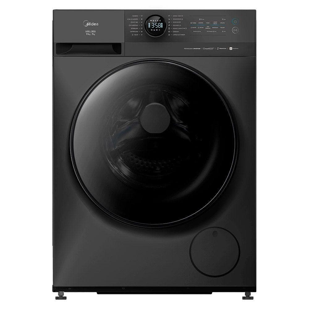 Lavadora de Roupas Lava e Seca Midea 11Kg 220V Titanium MF201D110WB/GK-02, frontal, preta, painel de controle com tela digital.