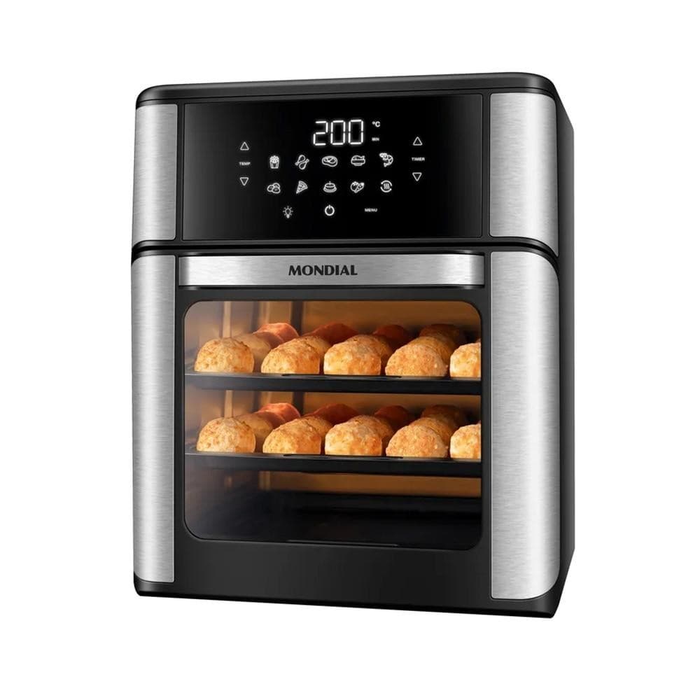 Fritadeira sem óleo Mondial 12L AFON-12 com bandejas, preto e prata, display digital, fundo branco