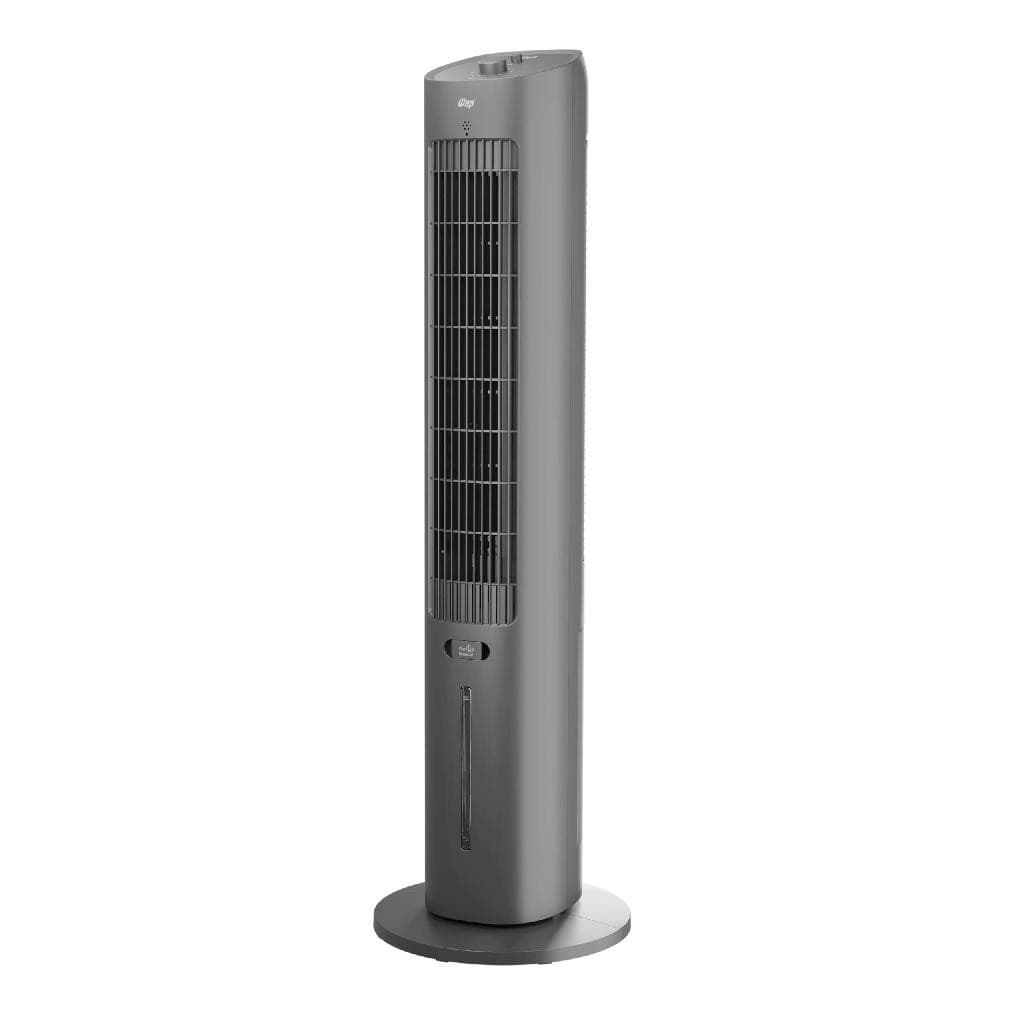 Climatizador de ar vertical cinza com reservatório de essência, fundo branco, controle frontal
