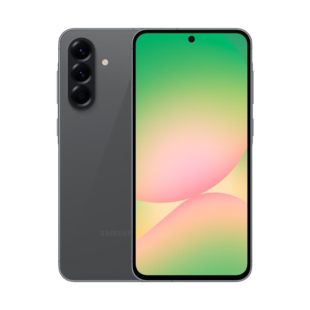 Smartphone Samsung Galaxy A56 5G preto com tela gradiente e câmera tripla