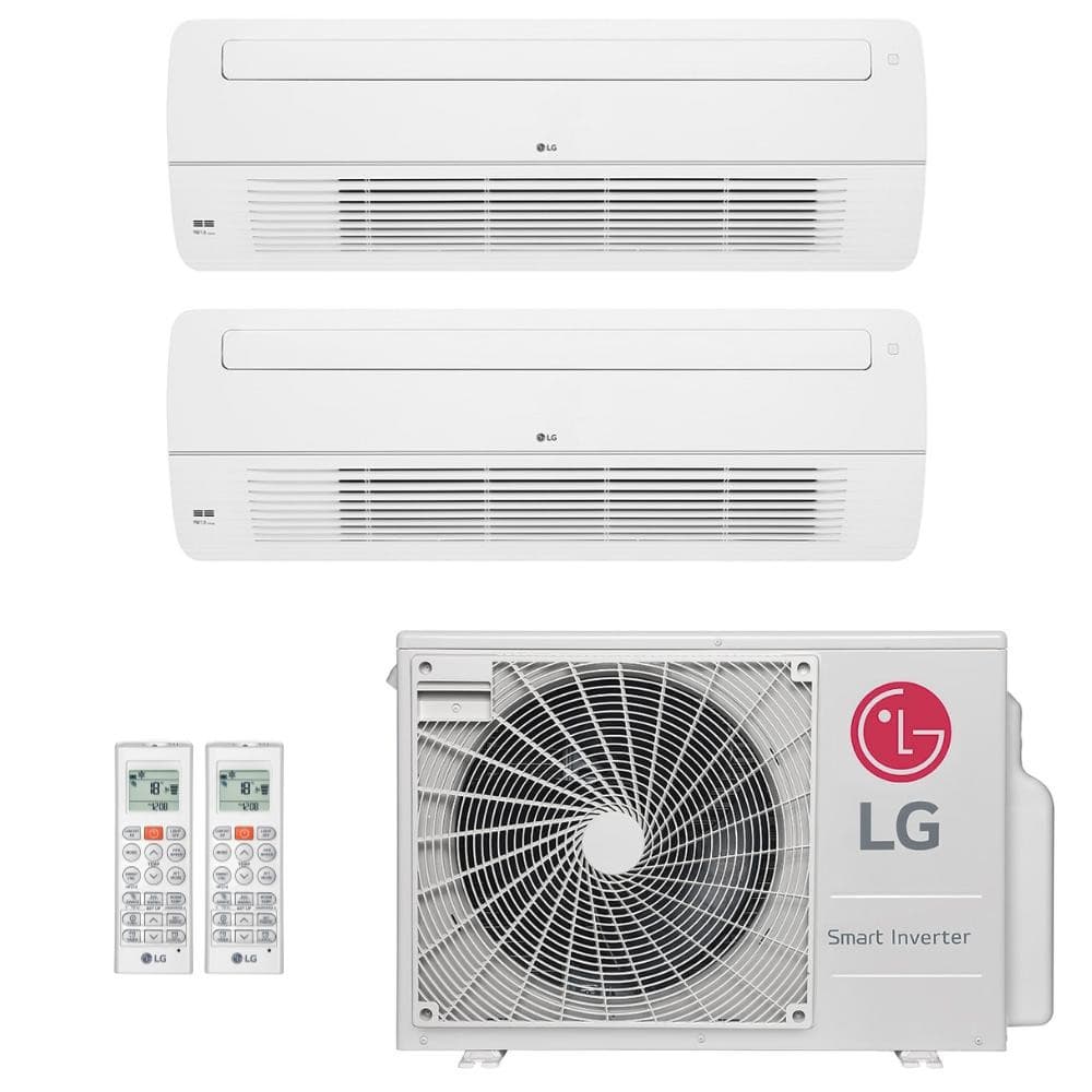 Ar-condicionado multi split inverter LG 18.000 com duas unidades evaporativas cassete 9.000 BTUs e unidade externa branca com logo LG