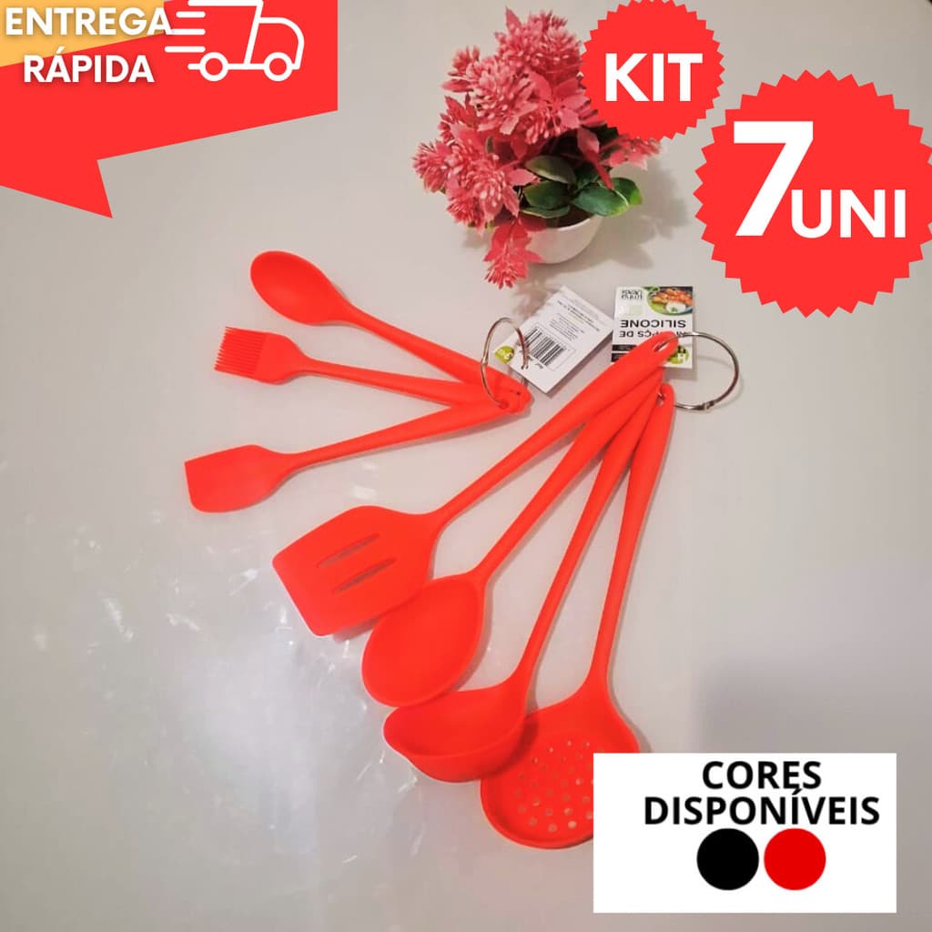 Kit Silicone 7 Utensilios 3 Mini Concha Colher Espatula + 4 Uni Espátula Colher Redonda Concha Escumadeira Cozinha