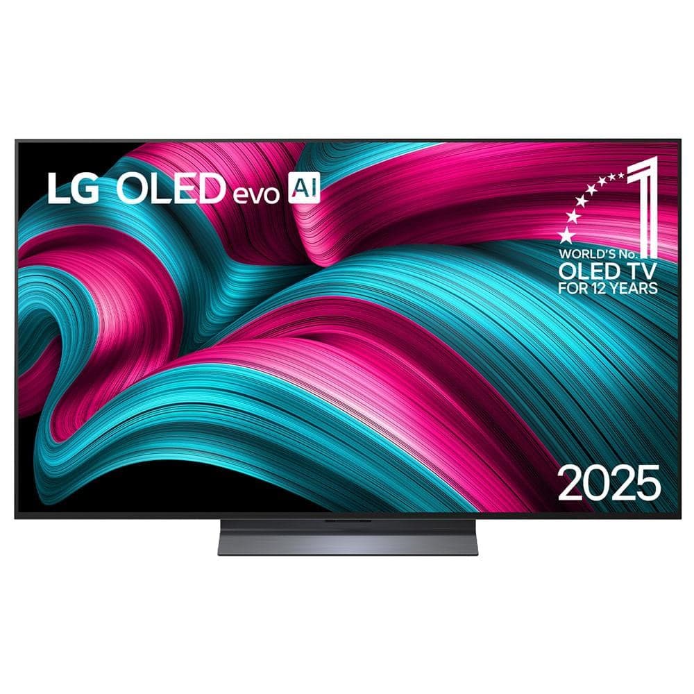 Smart TV LG OLED 65 polegadas, modelo evo AI, com fundo abstrato rosa e azul