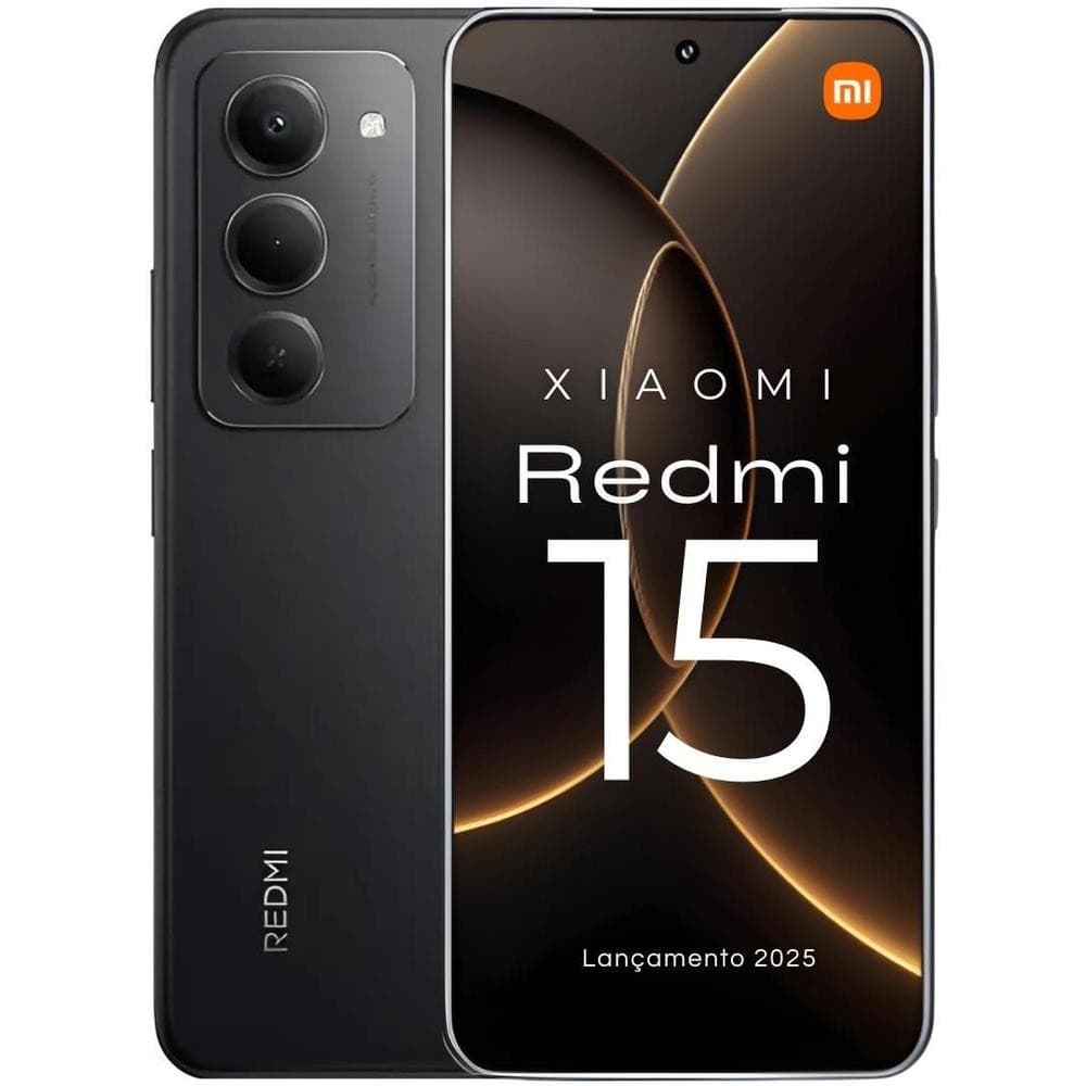 Smartphone Xiaomi Redmi 15 em preto, mostrando a frente com câmera tripla e logotipo Xiaomi.