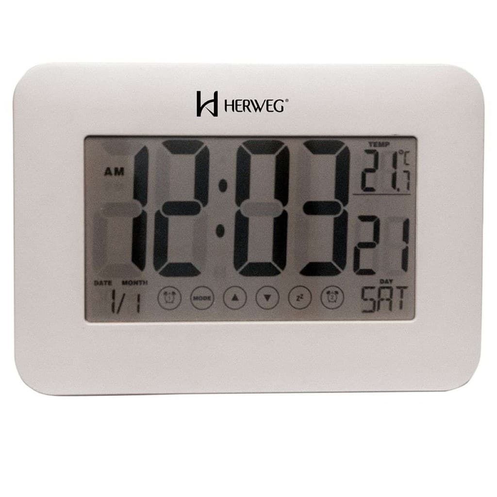 Relógio despertador digital branco Herweg, mostrando hora, temperatura e dia da semana.