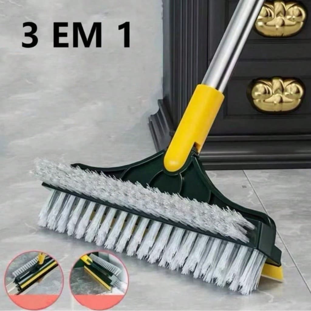 Mini escova 3 em 1 com vassoura, rodo e esfregão, cerdas brancas, base verde e amarela, uso em piso cinza