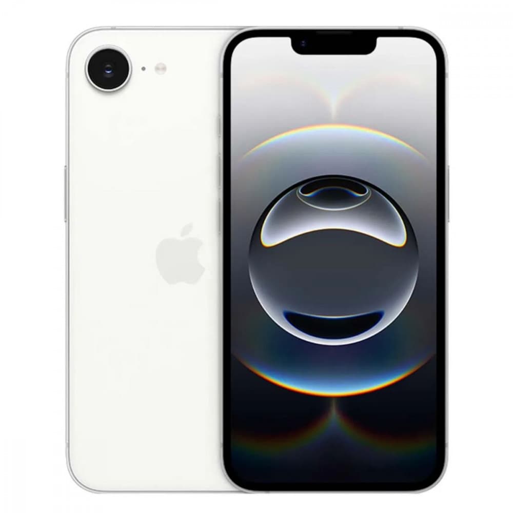 iPhone 16E 5G 128GB branco, reflexo da Apple, fundo branco, ângulo frontal