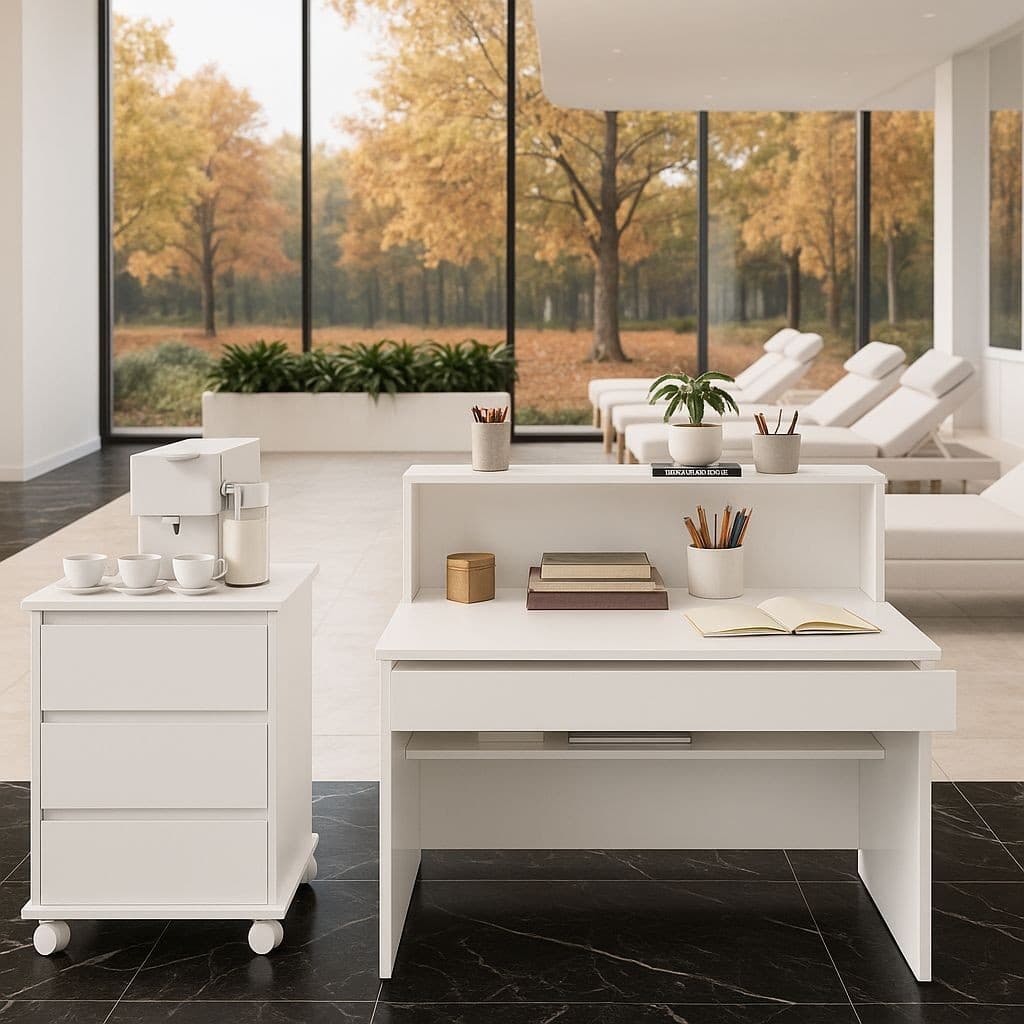 Conjunto de mesa de escritório branca com gaveta e cômoda de três gavetas em um escritório com vista externa