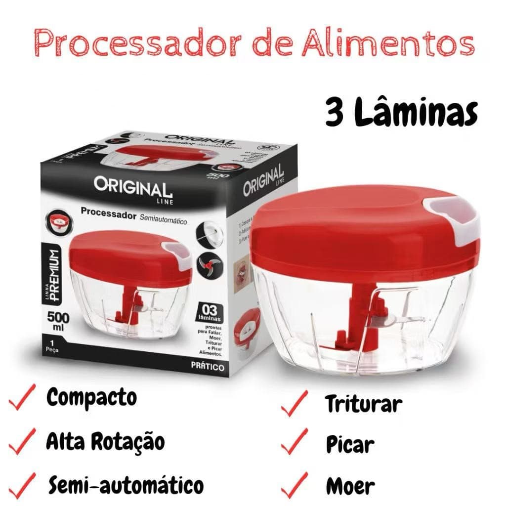Processador de alimentos manual com 3 lâminas, 500ml, original line, vermelho e transparente