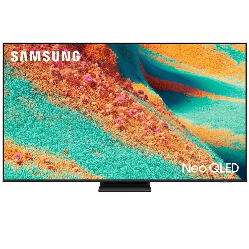 Smart TV Samsung Neo QLED 4K 55 polegadas, fundo colorido, texto SAMSUNG e Neo QLED