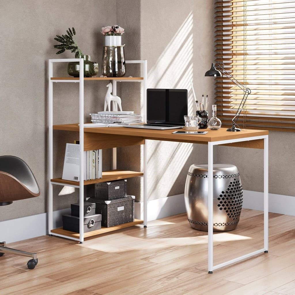 Escrivaninha Mesa Escritório Escrivaninha com Estante 3 Prateleiras 136cm Industrial Canela/Branco