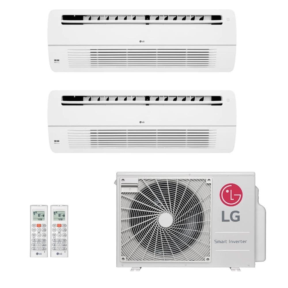 Ar-condicionado multi split inverter LG 18.000 com duas unidades evaporativas brancas e unidade externa com ventilador preto