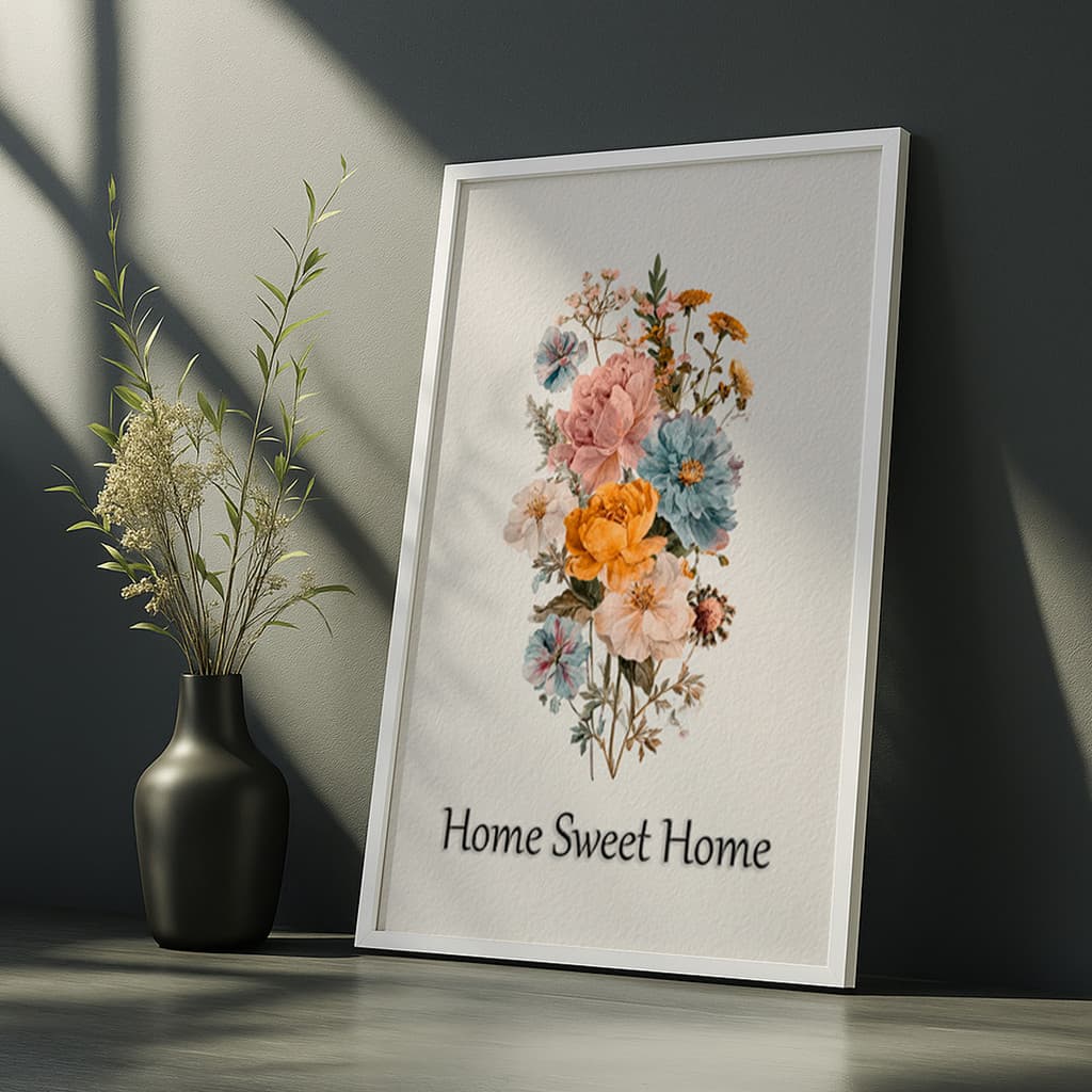 Quadro Home Sweet Home Frase Flores Coloridas Arte Tipografia Moderna Floral