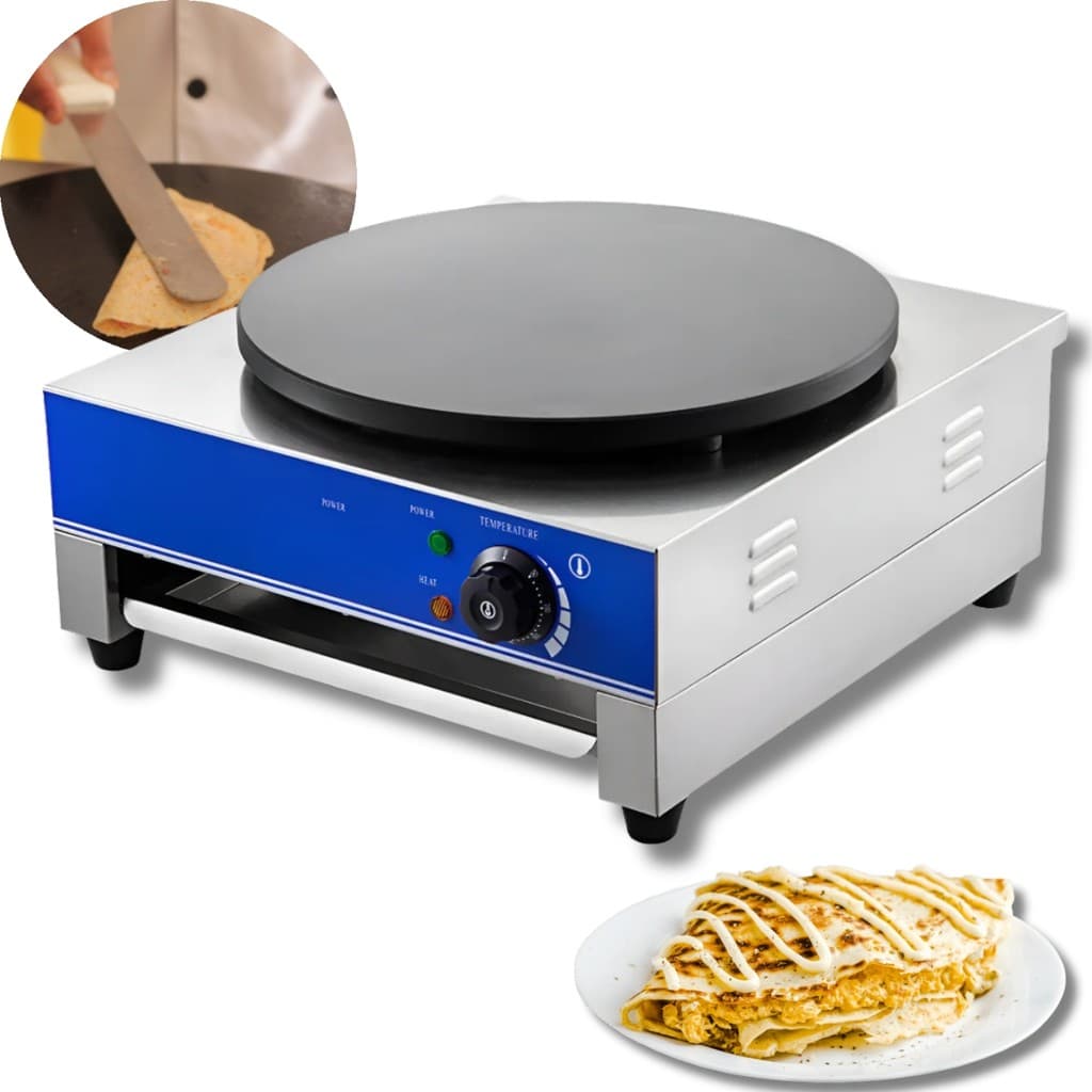 Máquina de crepe francesa elétrica 220V, chapa circular preta, controles de temperatura, crepe pronto em prato