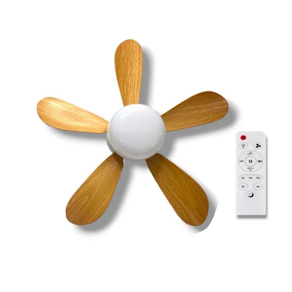 Ventilador de teto moderno com pás de madeira e controle remoto branco