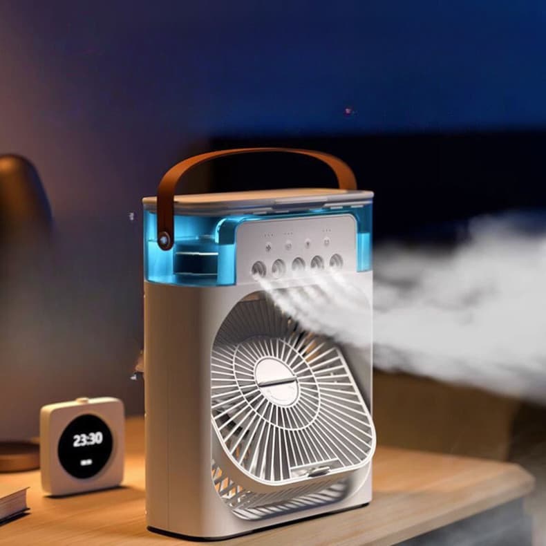 Umidificador e ventilador portátil com LED para quarto, sala e escritório, branco e cinza com detalhes azuis