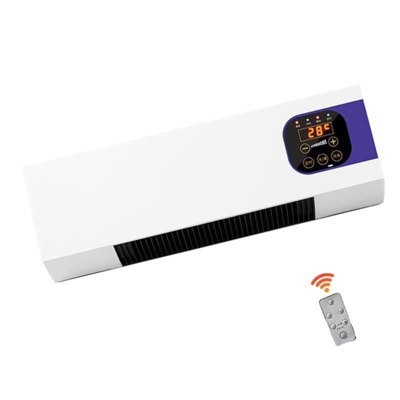 Ar condicionado de parede branco e azul com controle remoto, controle de temperatura ajustável, fundo branco.