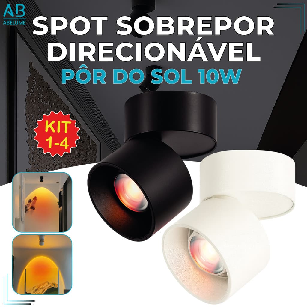Luminária de Teto Spot Sobrepor Pôr do Sol 10W, disponível em Preto e Branco, com luz acesa