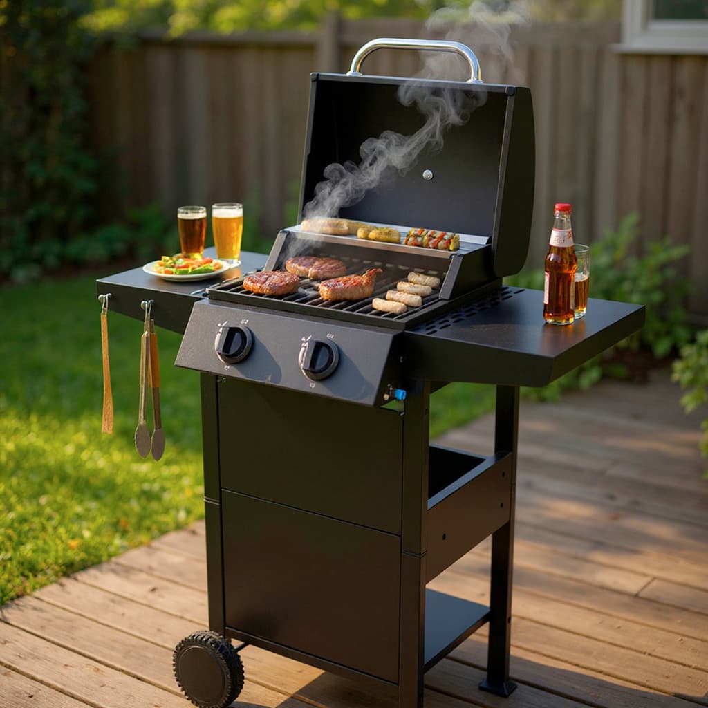 Churrasqueira a Gas 2 Queimadores 2 mesas laterais Estilo Americana Portatil de Jardim e Apartamento