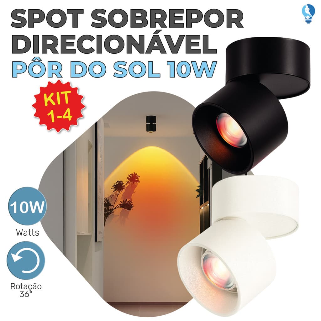 Spot Sobrepor Spot Preto ou Branco Pôr do Sol 10W Luminária de Teto Dobrável Ajustável Bivolt