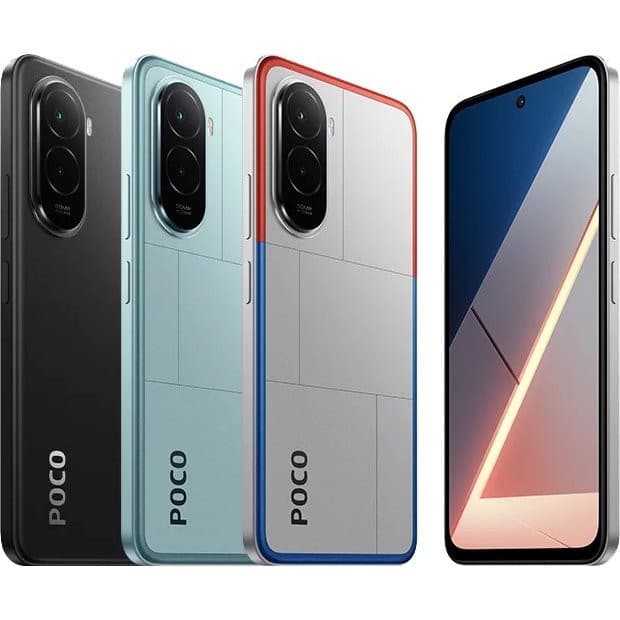 Smartphone Xiaomi POCO M7 4G em três cores: preto, azul e cinza com detalhes vermelhos