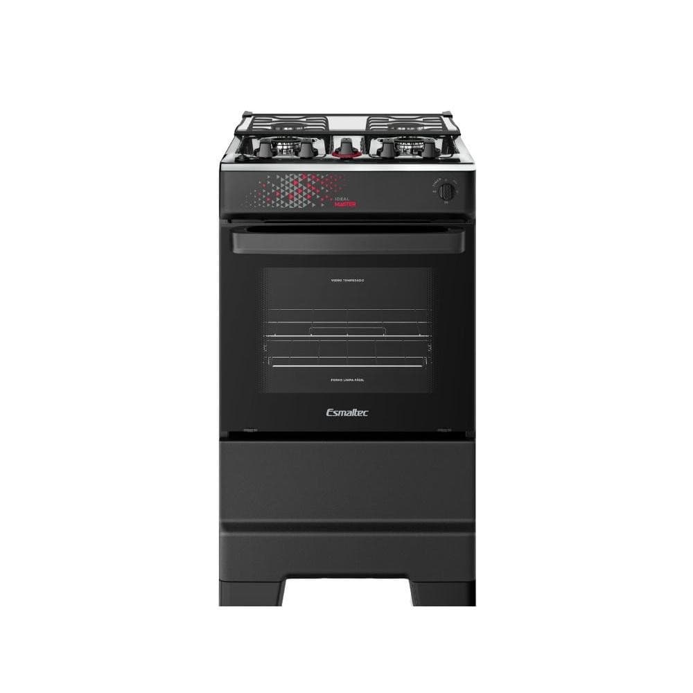 Fogão Esmaltec 4 Bocas Ideal Master Mesa Inox Tampa de Vidro Forno 50 Litros Preto T4ITP Bivolt