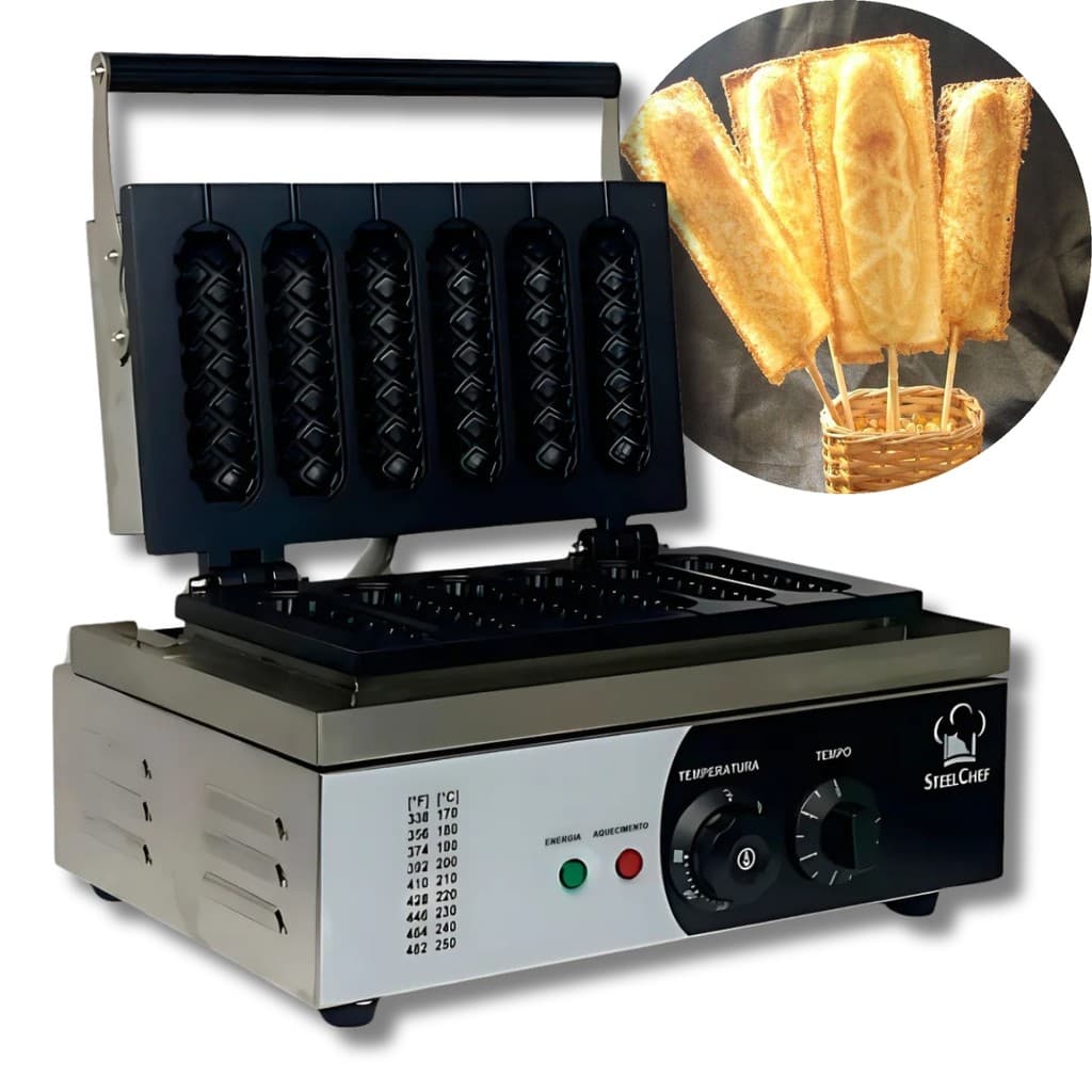 Máquina de crepe elétrica 6 cavidades aço inoxidável, controle temperatura e tempo, crepes prontos