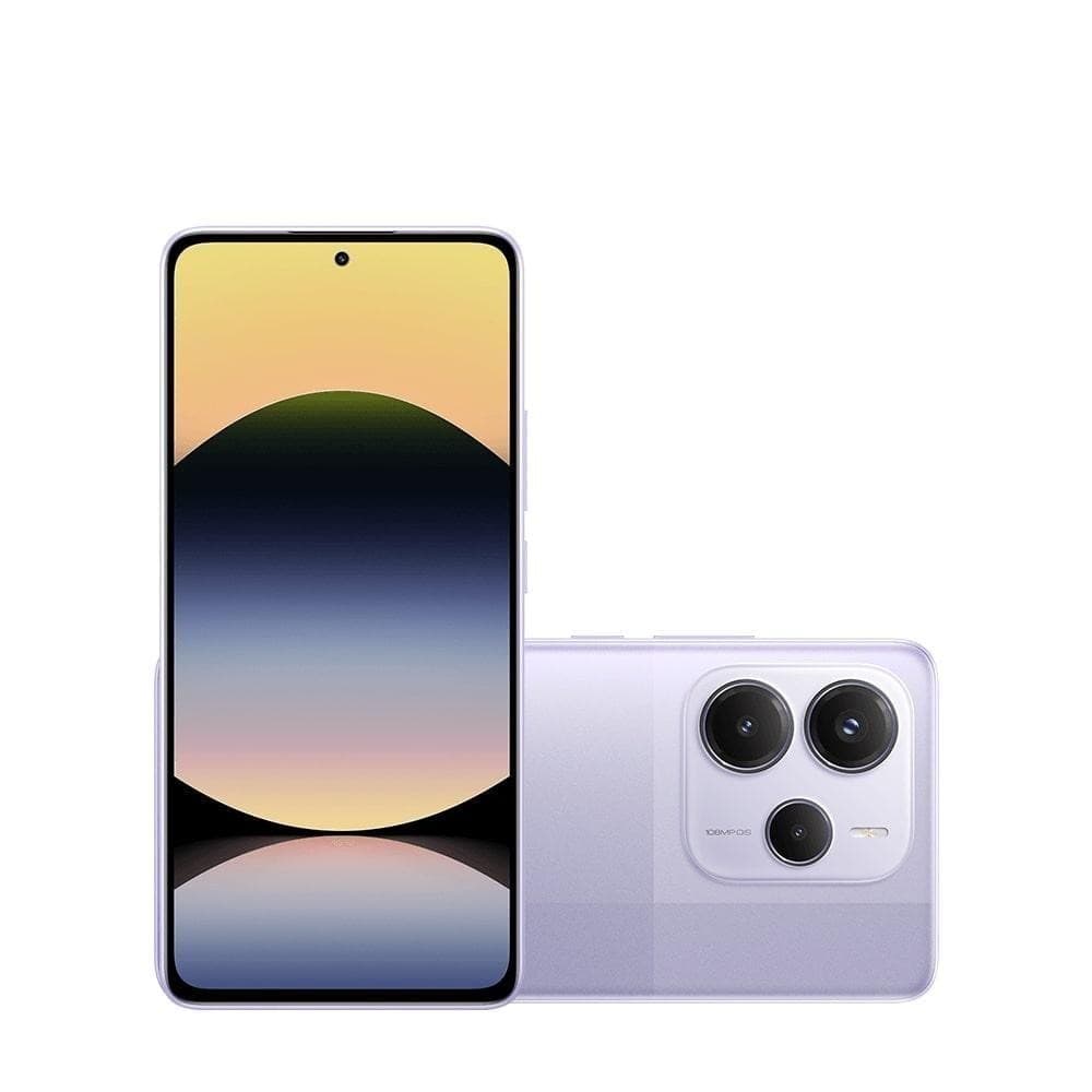 Smartphone Xiaomi Redmi Note 14 5G em cor roxa, mostrando frente e verso com reflexo de pôr do sol