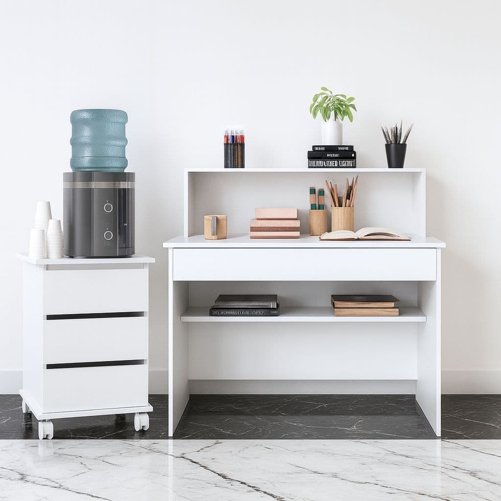 Conjunto de mesa e cômoda branca com gavetas e prateleiras, objetos decorativos e livros