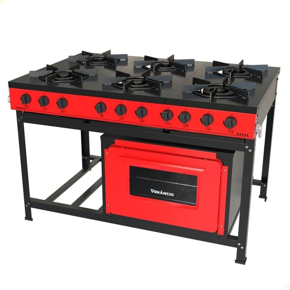 Fogão Industrial Venâncio a Gás Bravo 6 Bocas com Forno Vermelho BR6BFVM